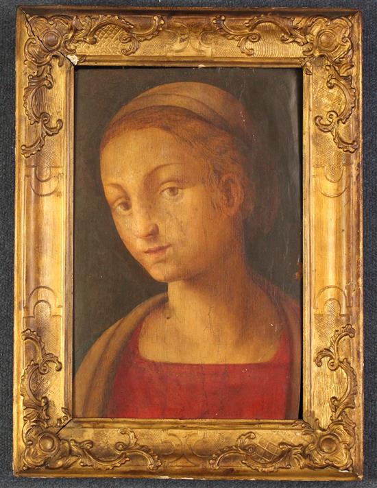 Circle of Amico Aspertini (1474-1552) Bust length portrait of a lady in a red dress, 12.75 x 8.5in.